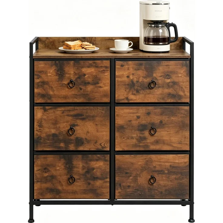 DESVIAE Kommode mit 6 Stoffschubladen 80x78x29 cm Holzwerkstoff Metall Rustikal Braun Schwarz – Bild 6