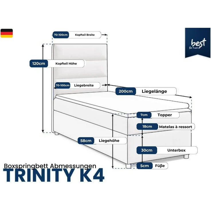 Best for Home Boxspringbett mit Bettkasten Trinity K-4 SINGLE Bonell-Matratze inkl. 7 cm Topper (Einzelbett, Polsterbett mit gepolstertes Kopfteil, Jugendbett, Kinderbett versch. Größen, 70x200 80x200 90x200 100x200 cm), verschiedene Liefermöglichkeite... – Bild 3