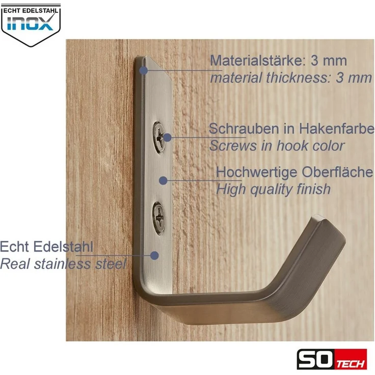 SO-TECH® Kleiderhaken doppelter Wandhaken, Edelstahl, 142 x 20 x 45 mm, (5-St), großer Jackenhaken mit abgerundeten Kanten echt Edelstahl – Bild 4
