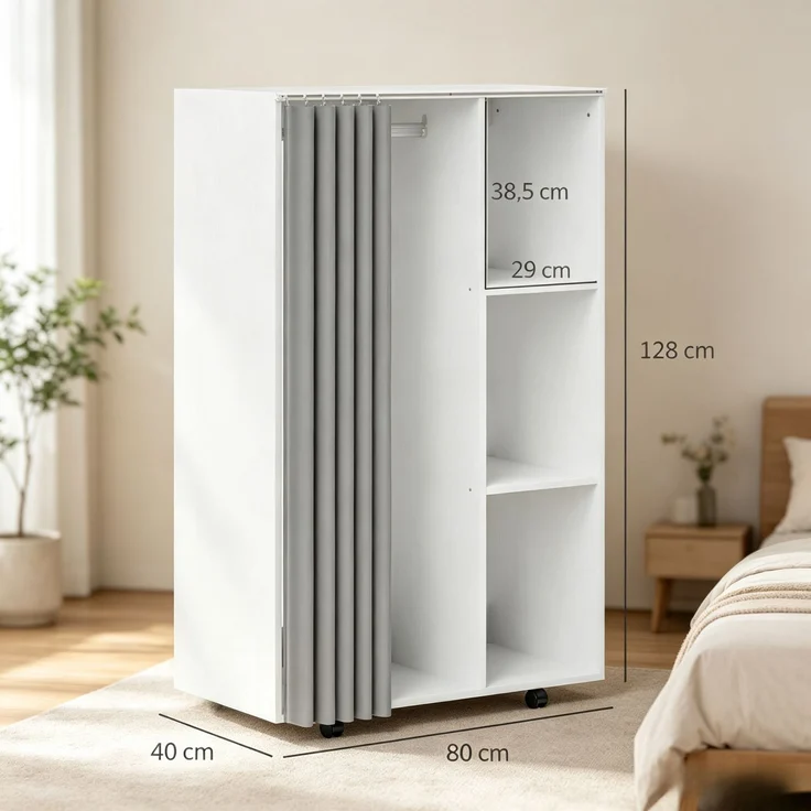 Kleiderschrank rollbarer Garderobenschrank mit 4 Rollen, Kleiderstange und offenen Ablagefächern--Weiß--80x40x128cm--YOUDENOVA – Bild 4