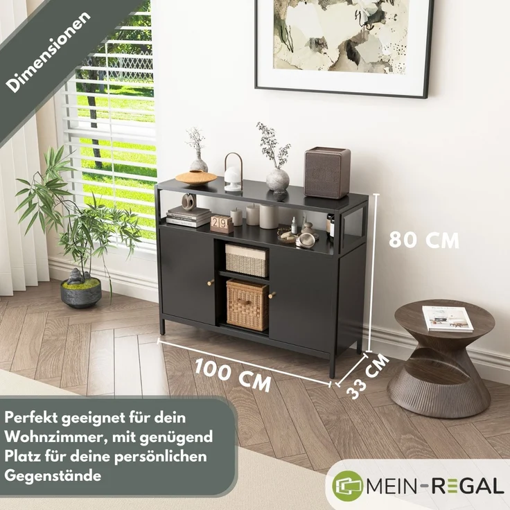 Mein-Regal Sideboard Mesh aus Metall mit Ablage und 2 Schiebetüren Schwarz – Bild 4