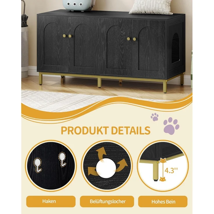 Katzenschrank für 2 Katzen, 119cm Versteckte Katzentoilettenmöbel, Hölzernes Haustierhaus, Aufbewahrungsschrankbank, Passend für die Meisten Katzentoilettenkä, Schwarz und Gold – Bild 4