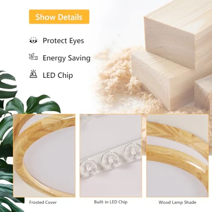 Goeco LED Deckenleuchte Flach RundDimmbar, 24W Holz Ø30CM Deckenlampe mit Fernbedienung, 3000-6500K, LED Deckenbeleuchtung Rund für Wohnzimmer Schlafzimmer Flur Küche – Bild 4