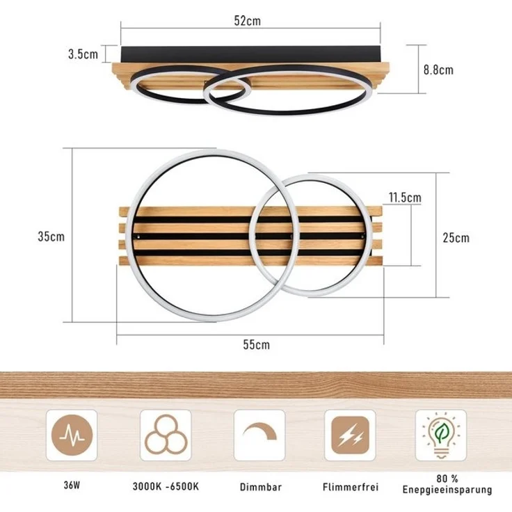 Nettlife LED Deckenleuchte Dimmbar Holz 3 Ringe 46W Modern Deckenlampe 70cm Wohnzimmer, mit Fernbedienung, LED fest integriert, für Schlafzimmer Büro Küche – Bild 4