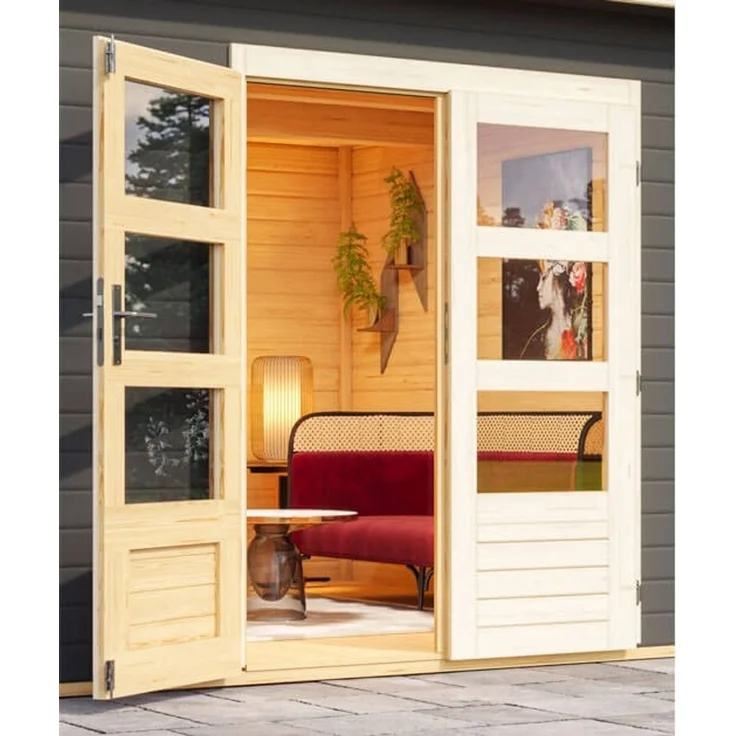 Gartenhaus Northeim 4 - 369x309 cm plus Anbaudach 3,30m mit Rückwand, 38 mm Holz terragrau, Karibu – Bild 4