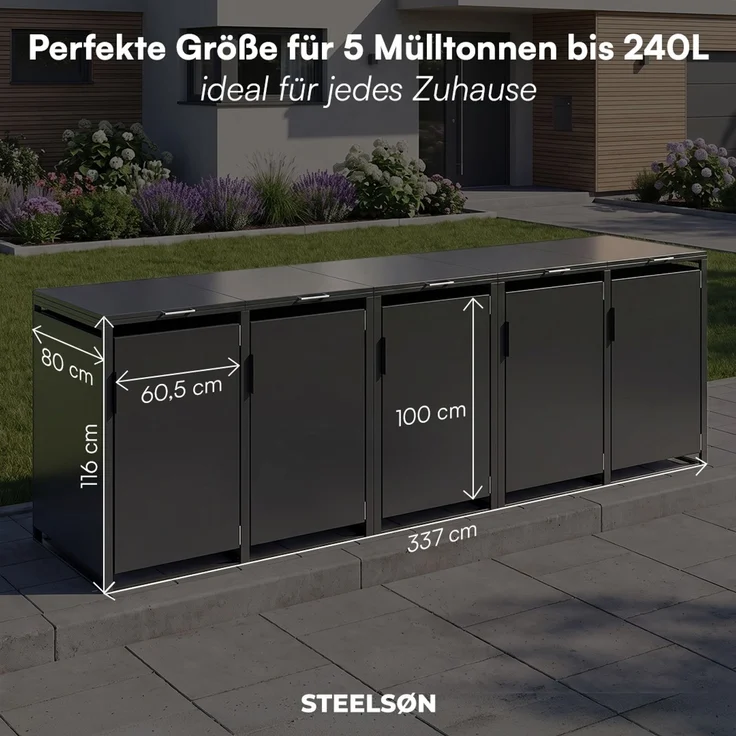 STEELSØN 'Thoria' Mülltonnenbox 5er je 240 Liter, graphitschwarz, Mülltonnenverkleidung aus Stahl, wetterfest, 116x80x332 cm, Müllbox für 5 Tonnen – Bild 9