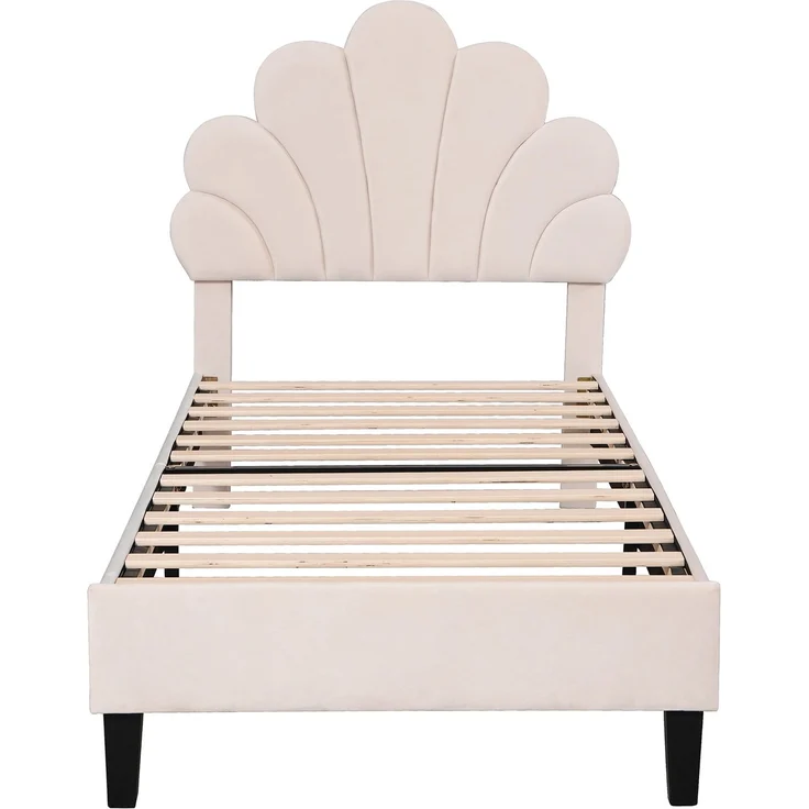 Polsterbett Kinderbett 90x200 cm, Bettgestell mit Kopfteil in Blumenform und Lattenrost, Teenie-Mädchenbett in hautfreundlichem Samtstoff, Gästebett (Farbe: Beige) – Bild 7
