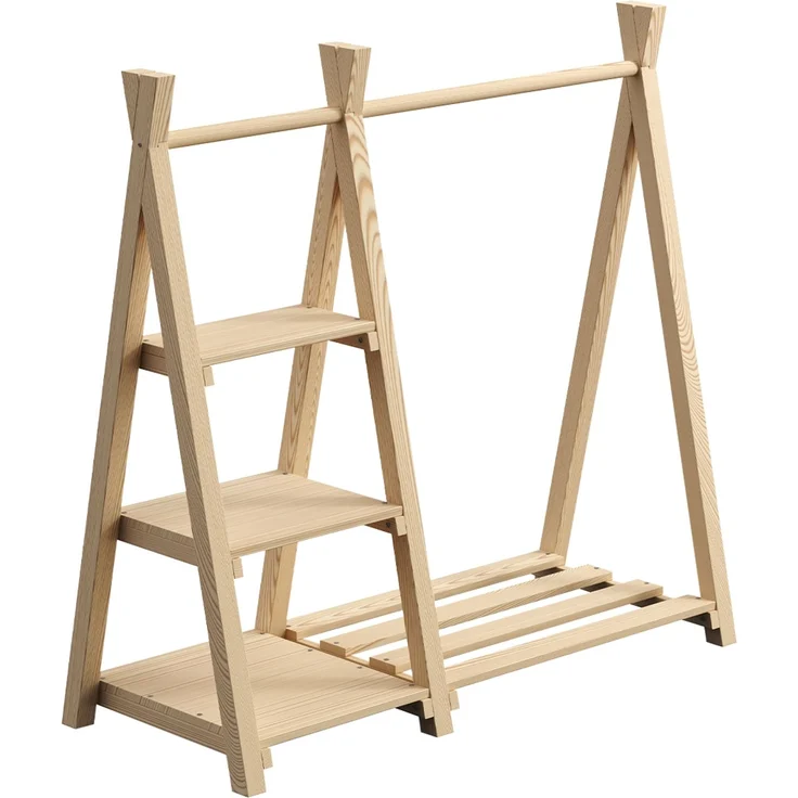 Bellabino 'Ryck' Tipi Kleiderstange mit 3 Regalen, Kiefer Massivholz, natur, 112x48x112 cm, Kindergarderobe mit Schuhablagefläche – Bild 2
