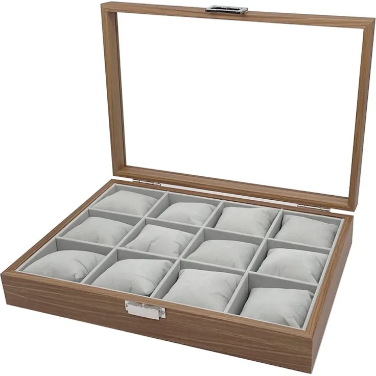 mixed24 Schmuckkasten Holz Uhrenkoffer für 12 Uhren, mit Echtglas Deckel