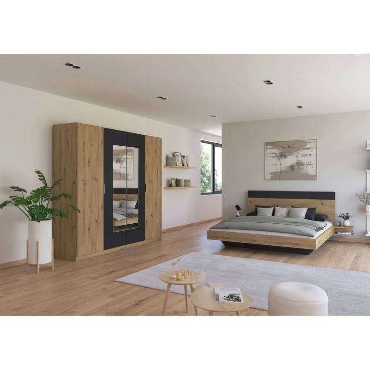 Schlafzimmer Monza Grau mit Drehtürenschrank mit oder ohne Spiegel im Dekor Eiche Artisan und Grau Metallic – in verschiedenen Varianten wählbar - 4 teilig , Kleiderschrank mit Spiegel + Bett 180x200cm + 2 Nachttisch