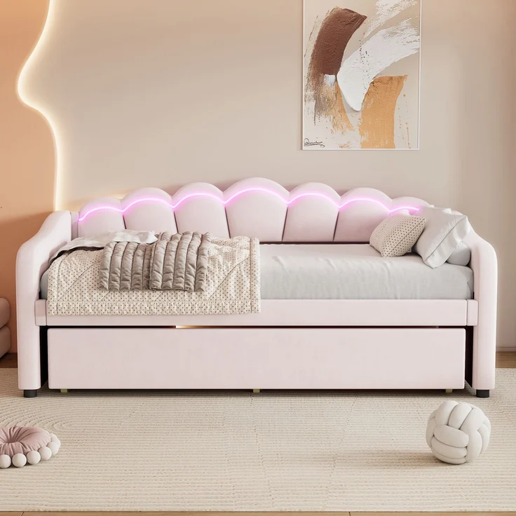 Tagesbett, Samt mit ausziehbarem Rollbett & LED-Beleuchtung, 90x200 cm, Rosa, ohne Matratze – Bild 3