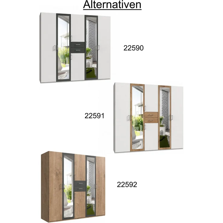 Drehtürenschrank Kleiderschrank 225cm Schubkästen Spiegel Eiche Dekor und Grafit – Bild 10