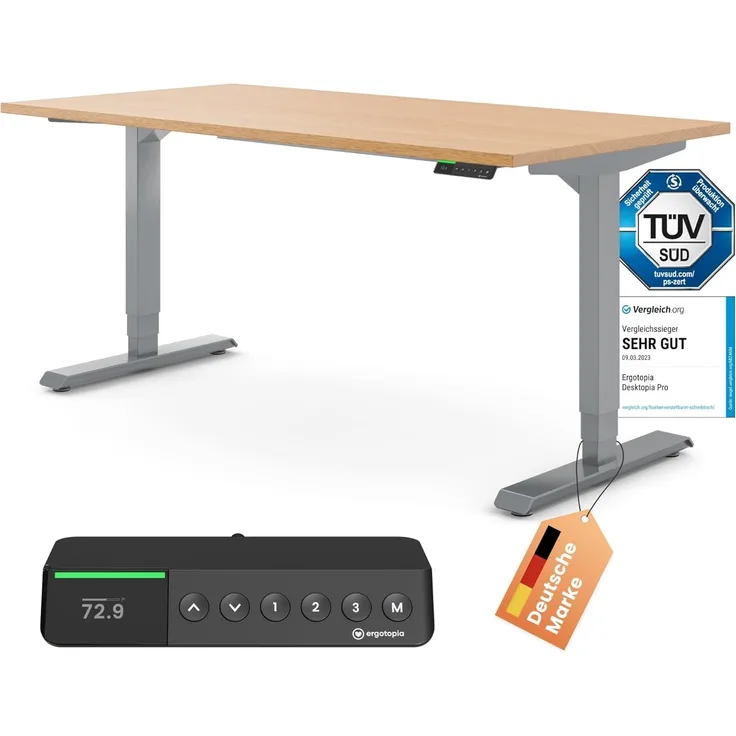 Ergotopia Desktopia Pro X I Elektrisch höhenverstellbarer Schreibtisch I 180x80 cm I Buche-Echtholz I Gestell Grau I Ziele- und Motivationsfunktion