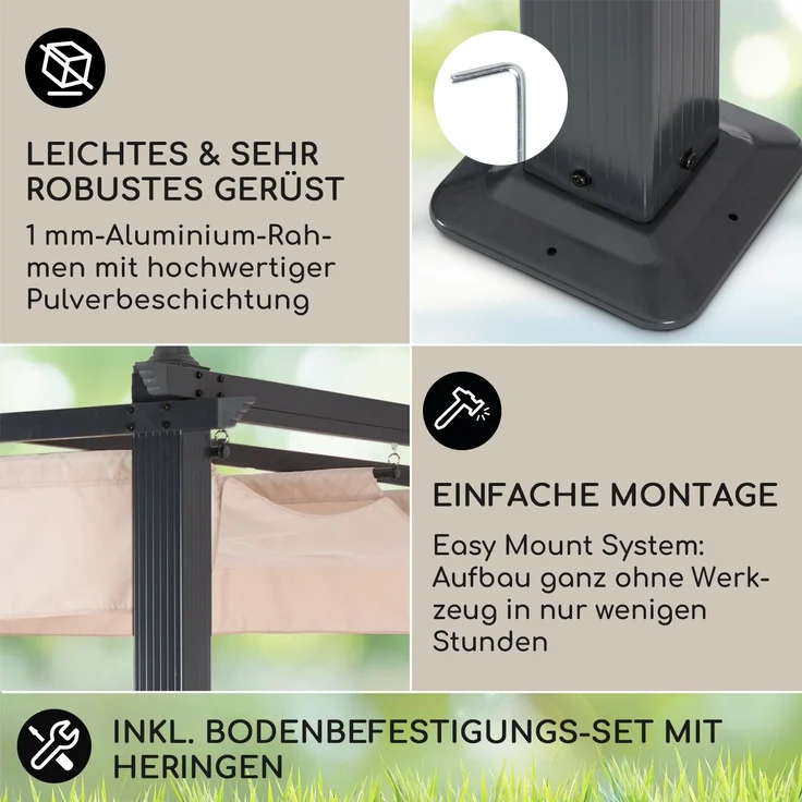 Blumfeldt Pavillon 3x6m, Rostfreier Metall-Pavillon mit Einziehbarem Dach, Pavillon Wasserdicht, Stabil & Winterfest, Langlebige Pergola Freistehend, Gartenpavillon mit UV-Schutz & Aluminium-Rahmen – Bild 6