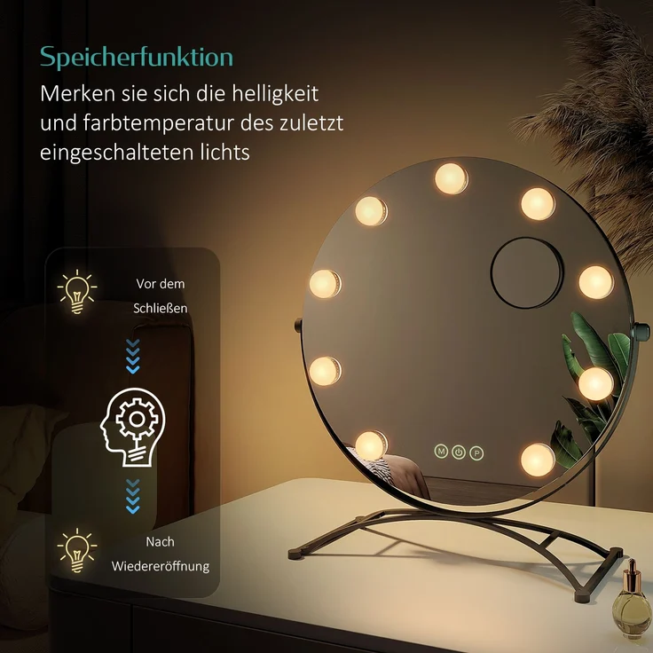 EMKE Runder Schminkspiegel Hollywood Spiegel mit Beleuchtung LED Tischspiegel, mit Touch, 3 Lichtfarben,9 Dimmbaren LED-Leuchtmitteln,7 x Vergrößerungsspiegel,Memory-Funktion, 360° Drehbar,Schwarz,40 cm – Bild 2