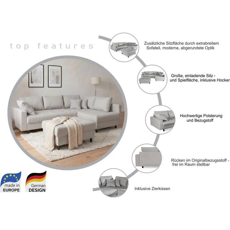 COLLECTION AB Ecksofa Toni L-Form 274 cm, Set: Sofa & Hocker, 2 Zierkissen, Bonell-Federkern – Bild 3