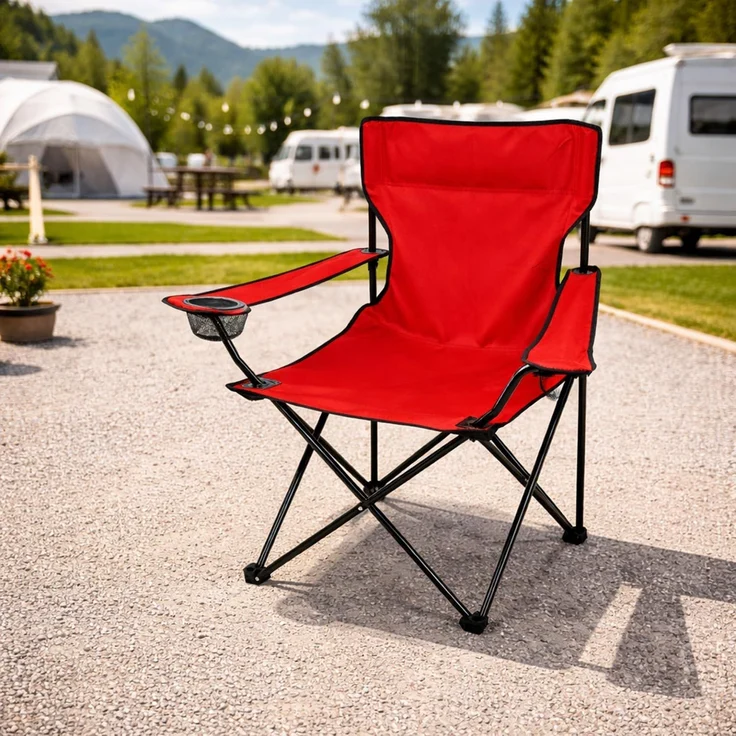 Anglersessel Campingstuhl Anglerstuhl Getränkehalter und Tasche Rot – Bild 1
