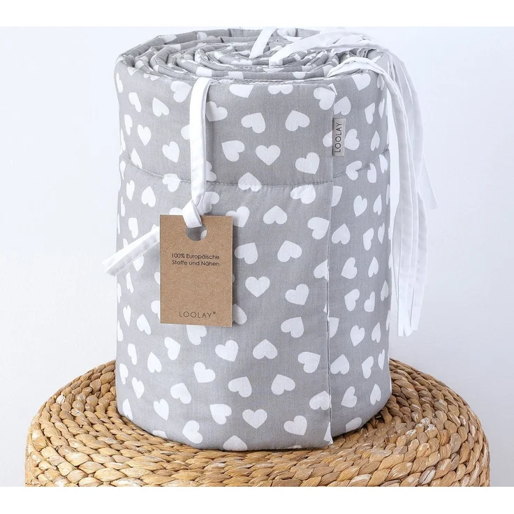 Loolay Bettnestchen GRAU WEIß Baumwolle BETTUMRANDUNG Babybett 420, 360, 210, 180 x 30cm, (Babyausstattung Babynest Kopfschutz Kantenschutz Baby, 100% Baumwolle Babybett Bettschutzgitter Umrandung), LOOLAY® - 100% Europäische Stoffe und Kleinserien-Nähen! – Bild 4