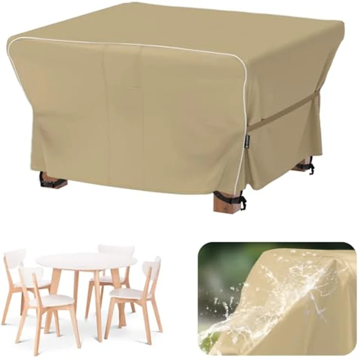 Velway Gartenmöbel Abdeckung Wasserdicht 125 x 125 x 74 cm - Winddicht Schutzhülle mit Reflektierender Streifen 600D Oxford Möbelsets Abdeckung Staubfest Abdeckhauben für Gartentisch Sitzgruppe Khaki – Bild 2
