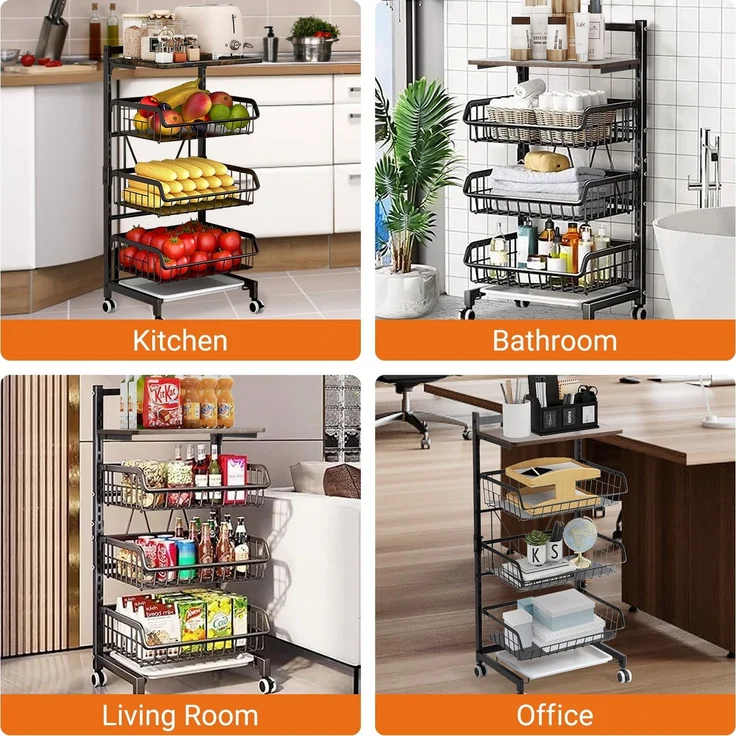 Todeco Gemüseregal für Küche, Stapelbarer Obstkorb Gemüse, Multipurpose Mobile Metal Storage Trolley, Aufbewahrungswagen KüchenWagen Mit Abschließbare Rollen Und – Bild 2