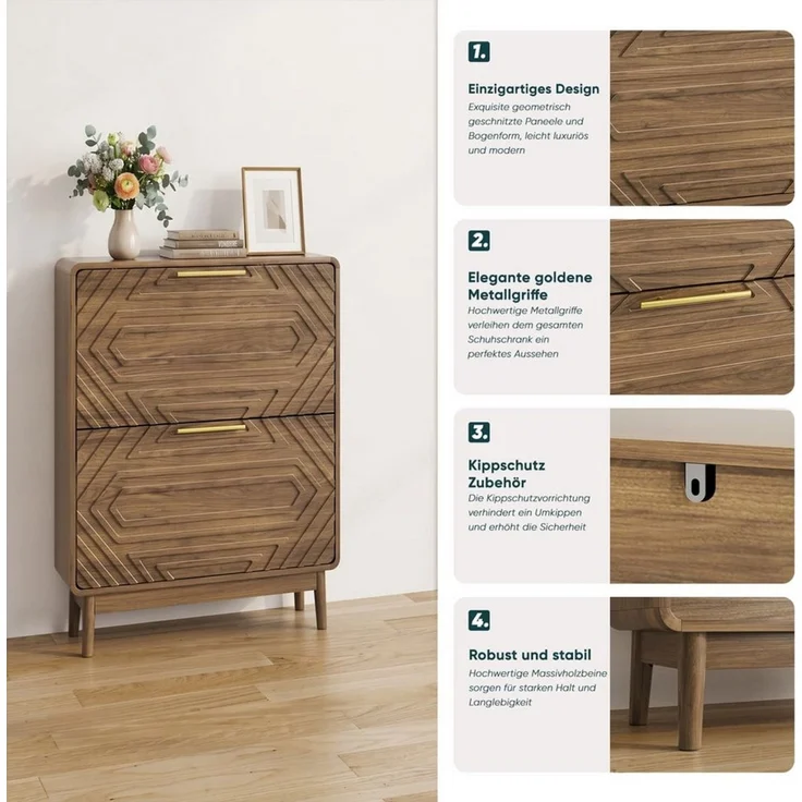 ANYSUN Schuhkipper Schuhschrank schmal mit 2 Klappen, Walnussoptik, 60 cm breit (1 St), mit verstellbaren Trennwänden, Kippschutz und Massivholzbeinen – Bild 3