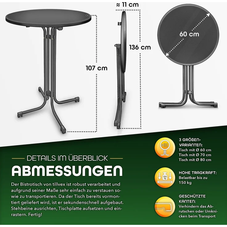 tillvex® Gastro Stehtisch klappbar Ø60cm anthrazit | Bistrotisch FERTIG MONTIERT | Klapptisch rund - wetterfester Partytisch | Gartentisch Indoor & Outdoor – Bild 5