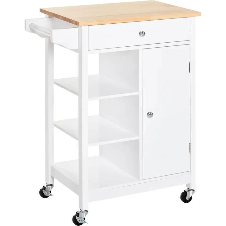 Platzsparender MDF-Küchenwagen mit Gummiholz-Arbeitsplatte, 66.0×39.5×86.5cm, Piano natur weiß, MELAYR