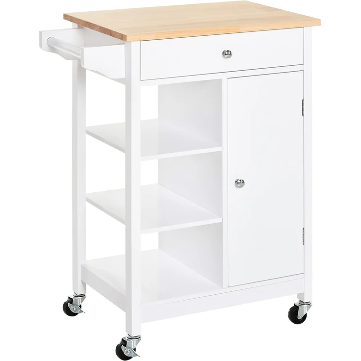 Platzsparender MDF-Küchenwagen mit Gummiholz-Arbeitsplatte, 66.0×39.5×86.5cm, Piano natur weiß, MELAYR – Bild 1