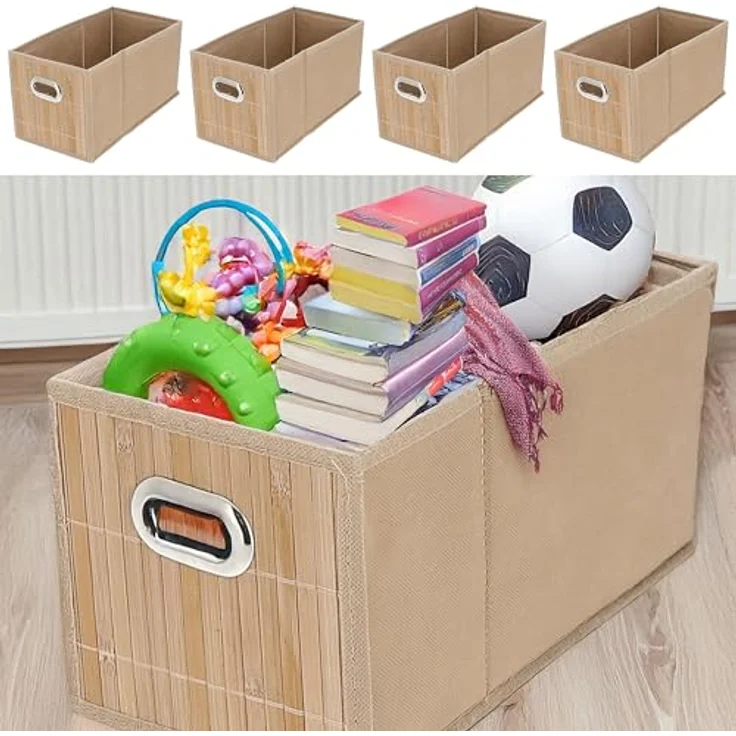 CEPEWA Allzweckkorb Aufbewahrungskorb Bambus 4er Set faltbar 16x16x31cm Metall Grifflöcher – Bild 6