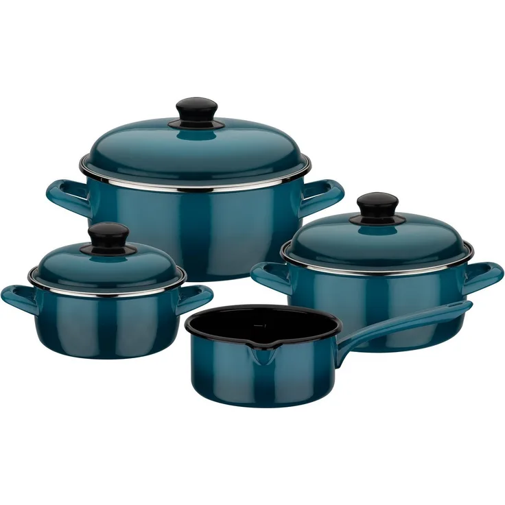 GSW Topf-Set Blue Shadow, Emaille (Set, 7-tlg, je 1 Kochtopf 16/20/24 cm, 1x Stielkasserolle 16 cm), Induktion