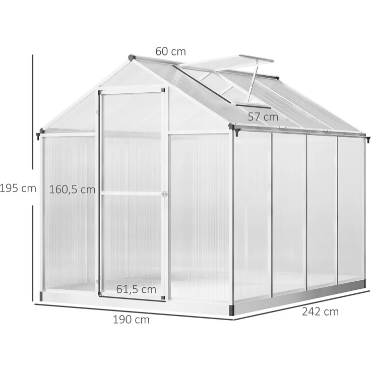 Wohnora-Gewächshaus aus Aluminium und Polycarbonat, 4,6 m², Abmessungen 2,42 m L x 1,9 m B x 1,95 m H, mit Oberlicht und Schnapptür,H 1950cm x T 1780cm x B 1900cm,Transparent – Bild 5