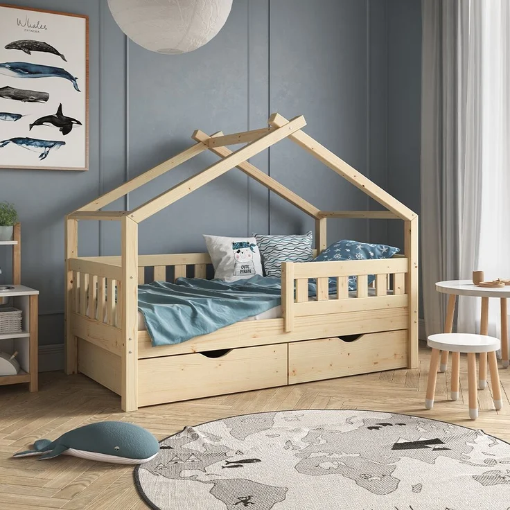 Hausbett Design Naturholz 80x160 cm mit 2 Schubladen und Matratze Vitalispa – Bild 4