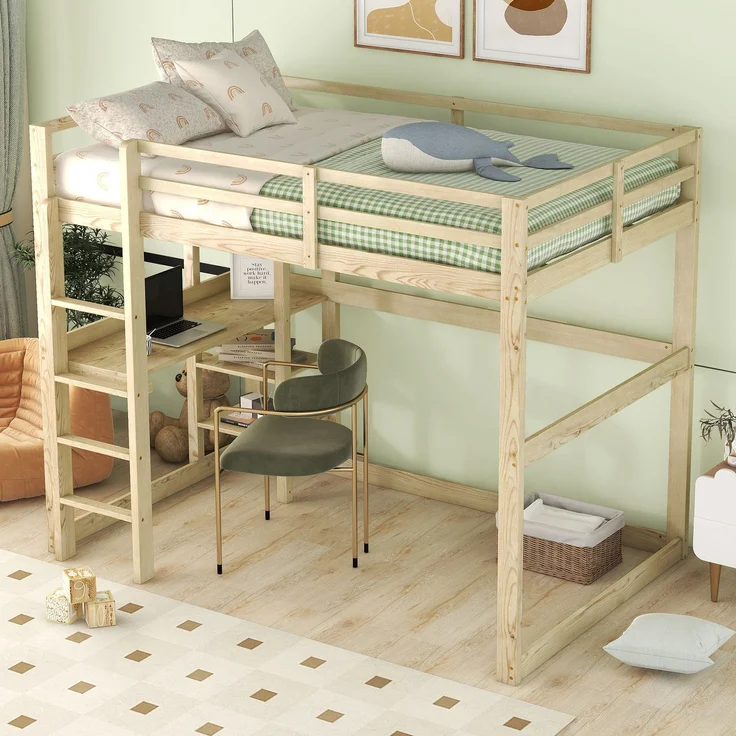 Hochbett 140x200 cm mit Schreibtisch und 4 Ablagefächern, Kinderbett Doppelbett aus massivem Kiefernholz,mit Stauraum,Natur – Bild 1