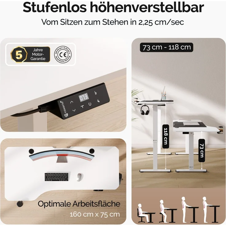 Casaria Elektrisch höhenverstellbarer Schreibtisch, LCD- Display, Spanplatte/Stahlgestell, Weiß, 160x75 cm – Bild 3