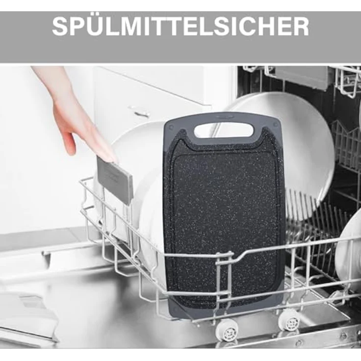 ROTTOGOON Schneidebrett Kunststoff Set mit Saftrille für Küche, Schwarz | BPA-freie Kunststoff-Schneidebretter, Spülmaschinenfest, Rutschfesten Füßen, mit Griff – Bild 6