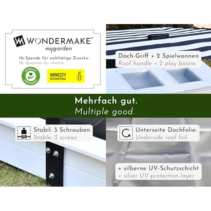 WONDERMAKE Sandkasten mit Abdeckung und Dach, 2x Matschküche, quadratisch aus lasiertem Fichte-Holz, schwarz-weiß, 113x113 cm, verschließbar – Bild 3