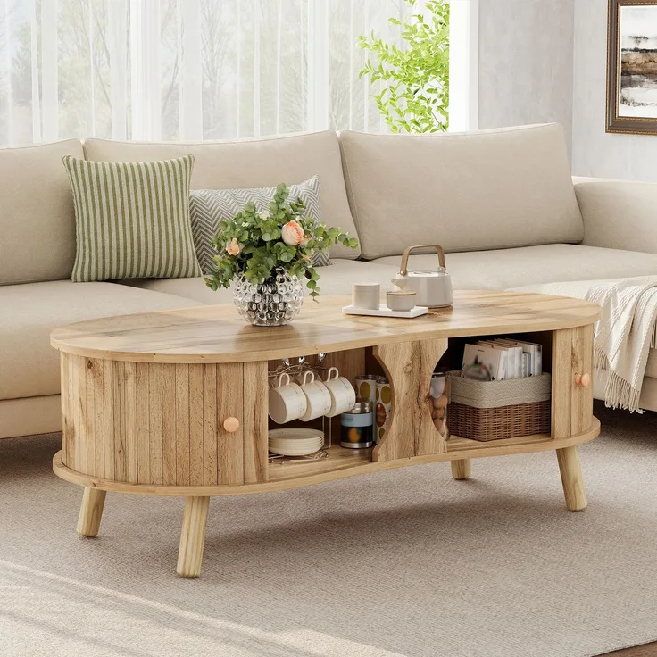 Couchtisch B 108 x T 50 x H 37 cm, mit 2 Schiebetüren, MDF in Holzoptik, Massivholzbeine
