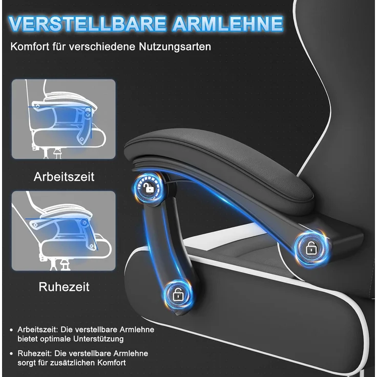 Devoko Gaming Stuhl mit Massagefunktion, Bürostuhl Ergonomisch mit Verstellbarer Ruckenlehne (90-135), Schreibtischstuhl mit Bewegliche Armlehne, max 150kg, Schwarz Weiß – Bild 7