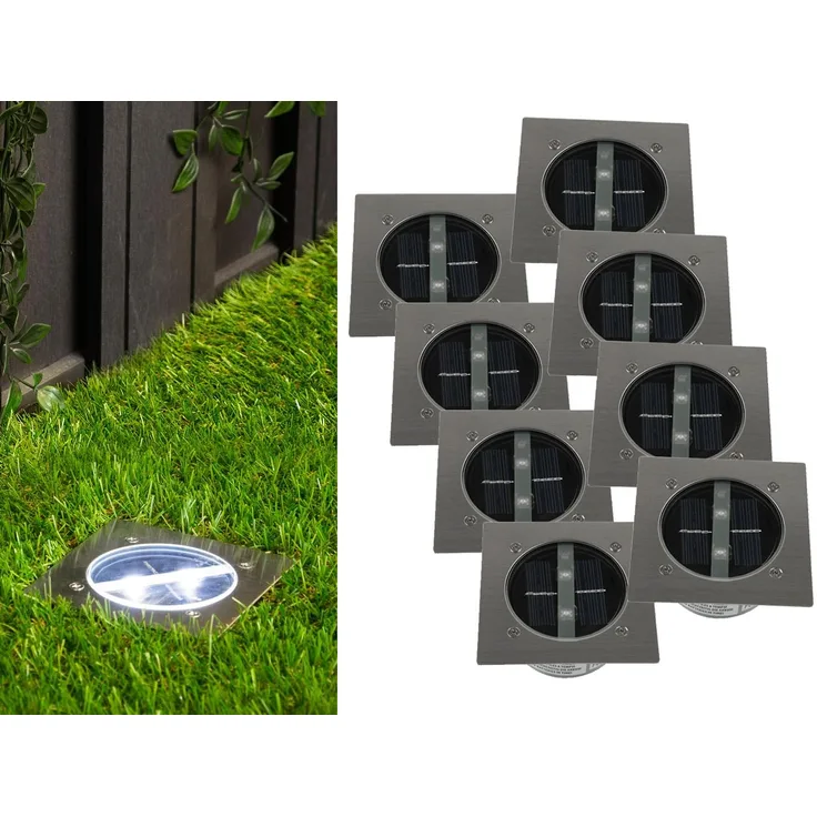 Solar LED Bodeneinbaustrahler 8er SET für Außen, Edelstahl 4-eckig 10x10cm, IP67