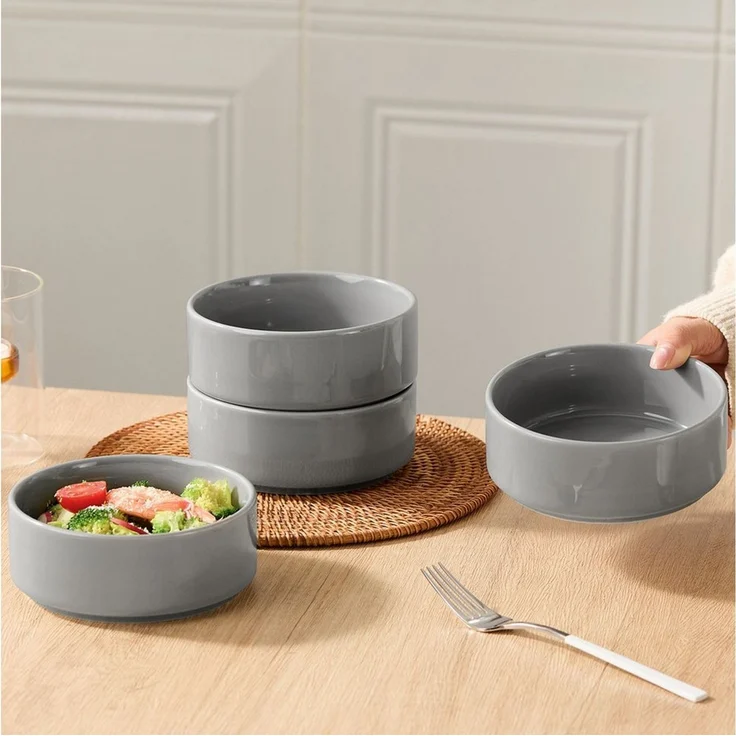 JIWOO Salatschüssel 4er Ø13,5cm, Müslischüssel Suppenschüssel Dessertschale Obstschale, Keramik, (Schüsselset, 32-tlg), Bowl Hochwertiges Schüsseln Grau Schüssel Mikrowellenofen Spülmaschine – Bild 4