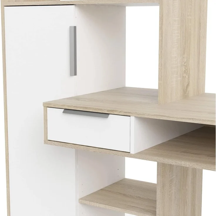 Multifunktionsschreibtisch mit Bücherregal, Schublade und Tür, Farbe Weiß und Eiche, 162 x 155 x 60 cm – Bild 7