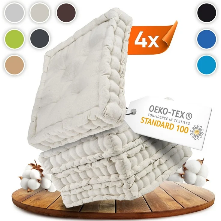 Gräfenstayn Sitzkissen 4er Set 40x40 cm mit 8 cm Polsterung aus 100 % Baumwolle -, robustes Sitzkissen für Indoor & Outdoor, bequemes Bodenkissen – Bild 1
