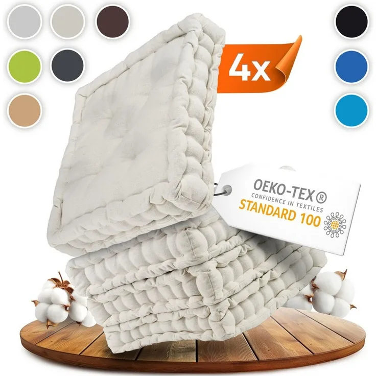 Gräfenstayn Sitzkissen 4er Set 40x40 cm mit 8 cm Polsterung aus 100 % Baumwolle -, robustes Sitzkissen für Indoor & Outdoor, bequemes Bodenkissen
