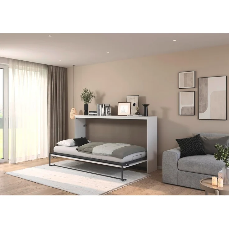 Rauch Möbel Albero, Bett, Schrankbett, Querklappbett, platzsparendes Wandbett mit Klappfunktion und Lattenrost, Liegefläche 90x200 cm, Farbe Weiß, Griffe Eiche massiv, 214 x 115 x 42 cm – Bild 2