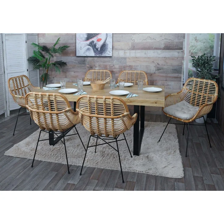 6er-Set Esszimmerstuhl HWC-P17, Küchenstuhl Korbstuhl Rattansessel Rattanstuhl Stuhl, Kubu Rattan Metall ~ Polster creme – Bild 1