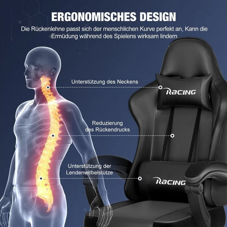 Hiazurm Gaming-Stuhl Gaming Stuhl Chair Gamer Sessel - Ergonomischer Gamer Stuhl (Tragkraft 150 Kg), Gamingstuhl mit Fußstütze Kopfstütze und Lordosenstütz PC Sessel – Bild 2