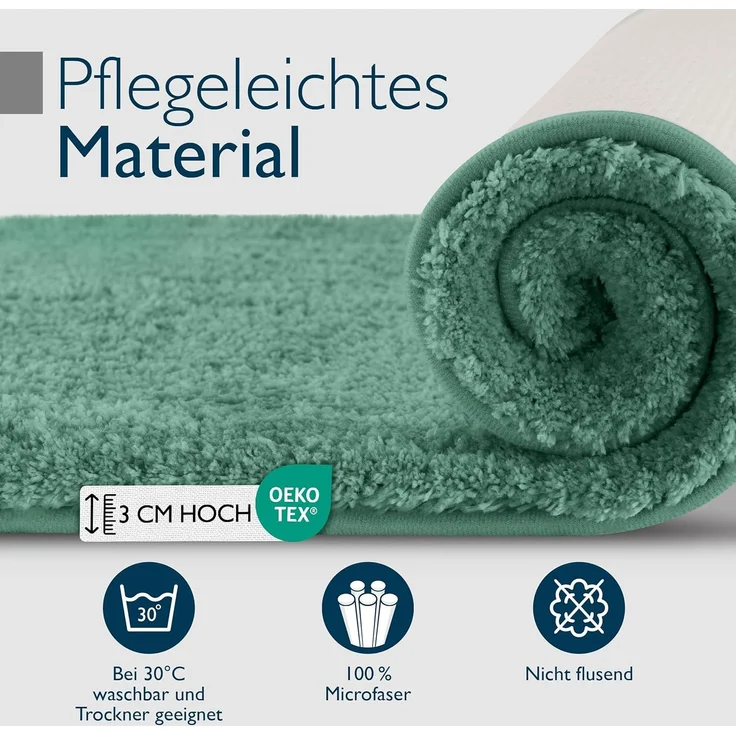 Beautissu Badematte rutschfest 120x70 cm – Duschvorleger Hochflor Badteppich rutschfest Waschbar Shaggy Optik – Flauschig Badvorleger Badezimmerteppich Groß – Badematte Mintgrün BeauMare FL – Bild 6