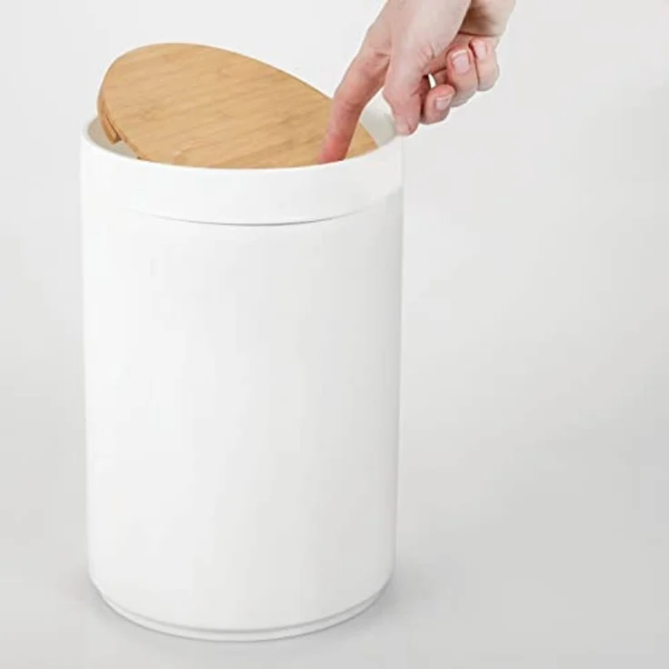 mDesign Mülleimer Abfalleimer Papierkorb Deckel Rund 5L Bambus-Kunststoff Weiß – Bild 6