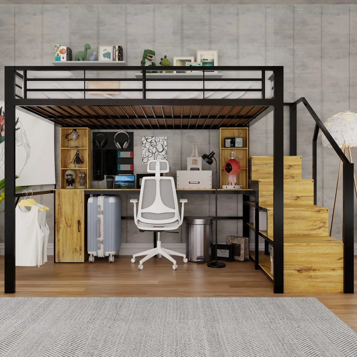 EINHOM Hochbett aus Metall, 140 x 200 cm, mit stabiler Eisenkonstruktion, praktischem Schreibtisch, Ablagefächern, Schrank, Stauraum-Treppe und USB-Ladeanschluss am Tisch – ohne Matratze, in Schwarz