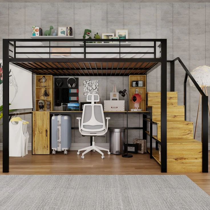 EINHOM Hochbett aus Metall, 140 x 200 cm, mit stabiler Eisenkonstruktion, praktischem Schreibtisch, Ablagefächern, Schrank, Stauraum-Treppe und USB-Ladeanschluss am Tisch – ohne Matratze, in Schwarz – Bild 1